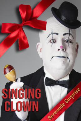 Photo of our singing clown Mr Rusty the singing telegram with serenade surprise show branding